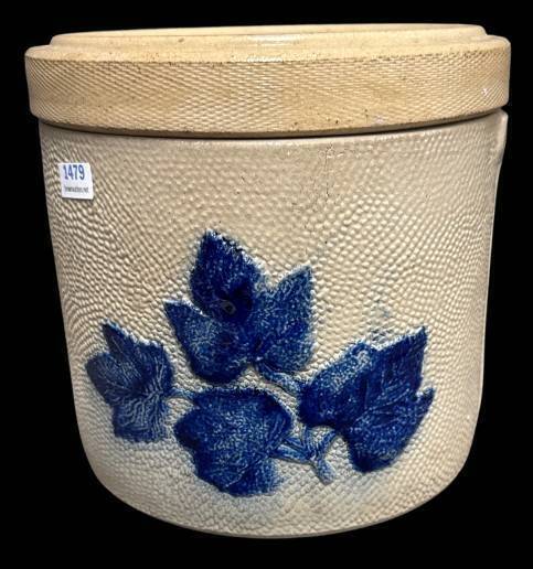 Stoneware Crock with Blue Leaf Motif