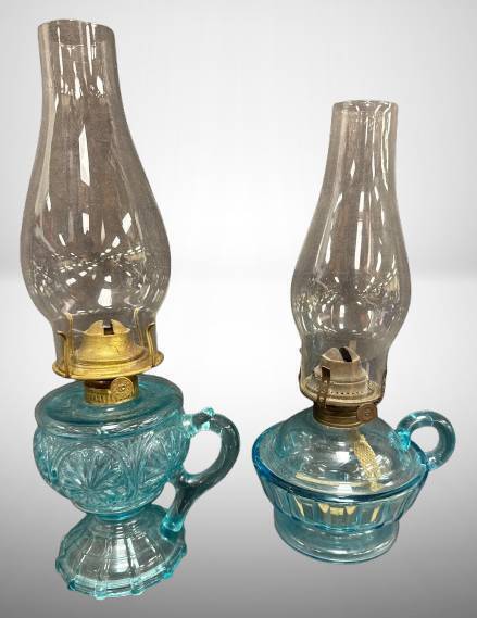 (2) EAPG Blue Glass Finger Hold Oil Lamps