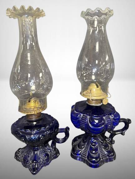 (2) EAPG Cobalt Blue Glass Oil Lamps