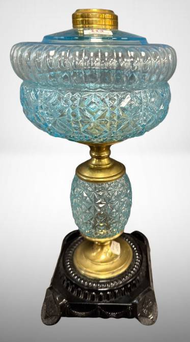 Blue Pressed Glass Oil Lamp With Brass Base
