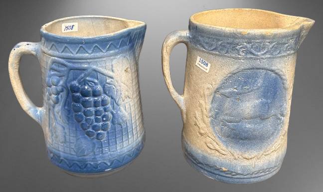 (2) Blue and Gray Salt Glazed Stoneware Pitchers