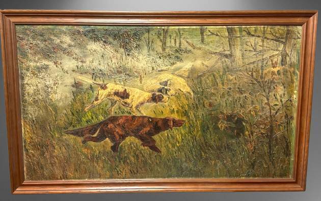 Framed Oil Painting of Hunting Dogs in Brush