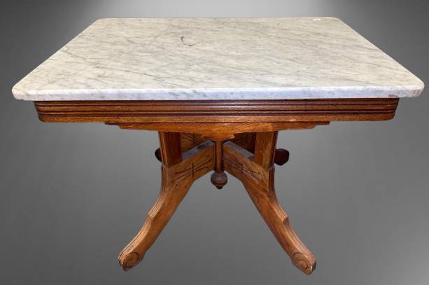 Marble-Top Table with Carved Wooden Base