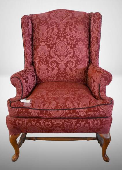 Red Damask Upholstered Wingback Chair