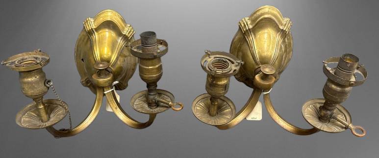 Pair of Brass Dual-Arm Sconce Fixtures