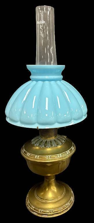 Aladdin Model 7 Brass Oil Lamp with Blue Shade