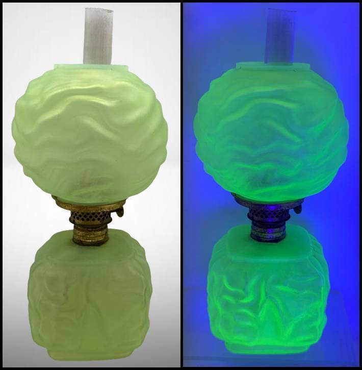 Green Satin Glass Oil Drape Miniature Lamp With Uranium Glow