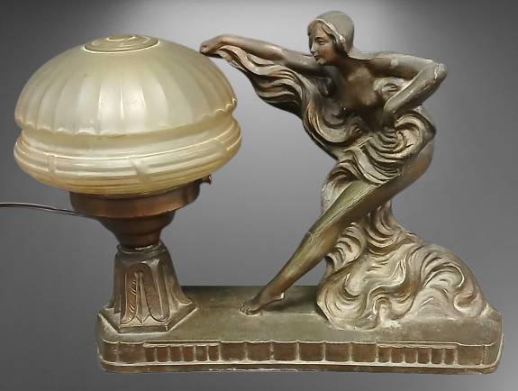Cast Metal Figural Lamp With Frosted Glass Shade