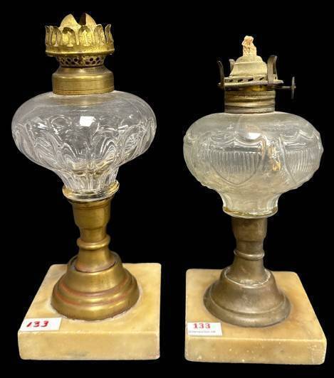(2) Brass and Glass Oil Lamps