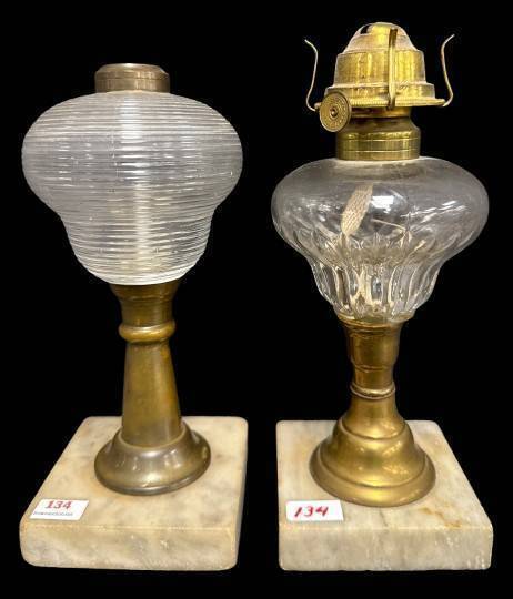 (2) Brass and Glass Oil Lamps With Marble Bases