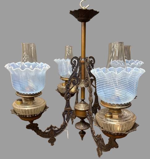 Four Arm Oil Lamp Chandelier With Blue Opalescent Shades