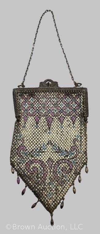 Mrkd. Mandalian mesh purse, Art Deco lavender, blue and cream designs, 7"l