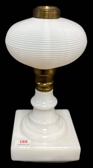 Milk Glass Oil Lamp with Brass Accents