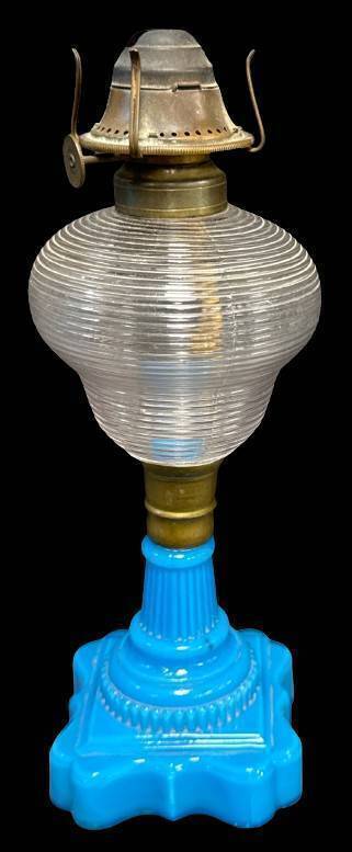Oil Lamp with Blue Glass Base and Ribbed Font