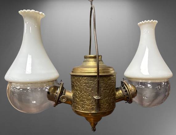 Brass Hanging Lamp with Milk Glass Shades