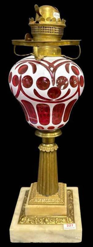1860's White over Cranberry Cut-to-clear Glass Kerosene Lamp