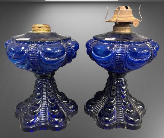 (2) Cobalt Coolidge Drape Kerosene Lamp Bases