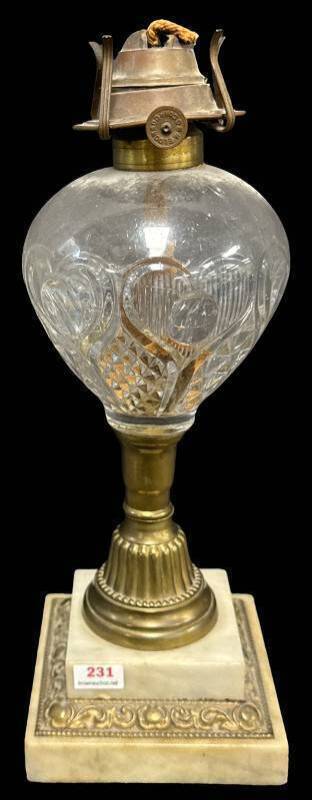 EAPG Oil Lamp with Marble Base and Brass Accents