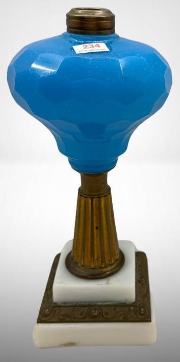 Blue Opaline Glass Oil Lamp with Brass and Marble Base