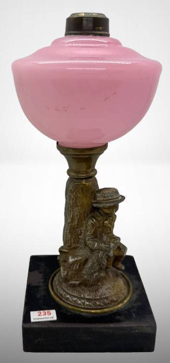 Pink Glass Oil Lamp with Boy and Dog Base