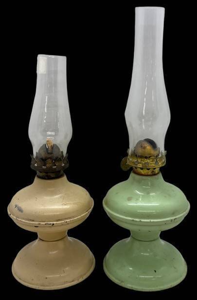(2) Tin Miniature Oil Lamps with Glass Chimneys