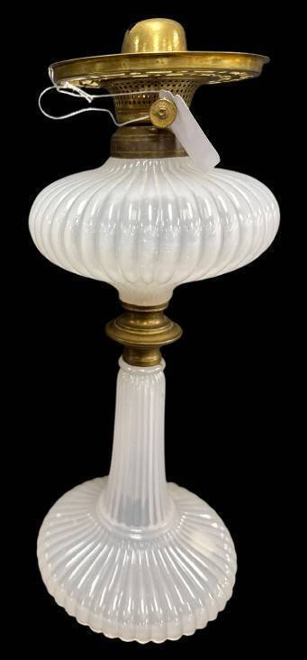 Ribbed White Moonstone Glass Oil Lamp
