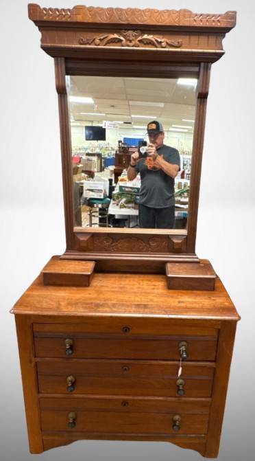 Mirror-Top Chest With Decorative Carving