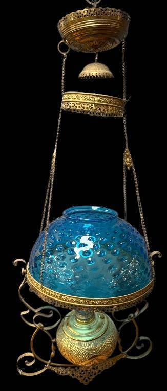 Hanging Oil Lamp with Blue Glass Shade