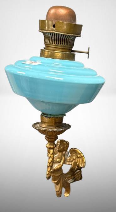 Brass Sconce Lamp With Blue Glass Shade