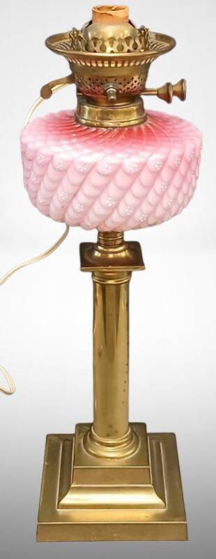 English made Pink Glass Oil Lamp With Brass Base