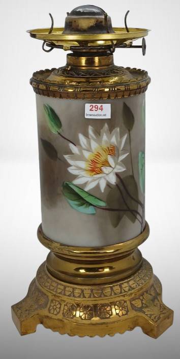 Brass and Porcelain Oil Lamp With Floral Design