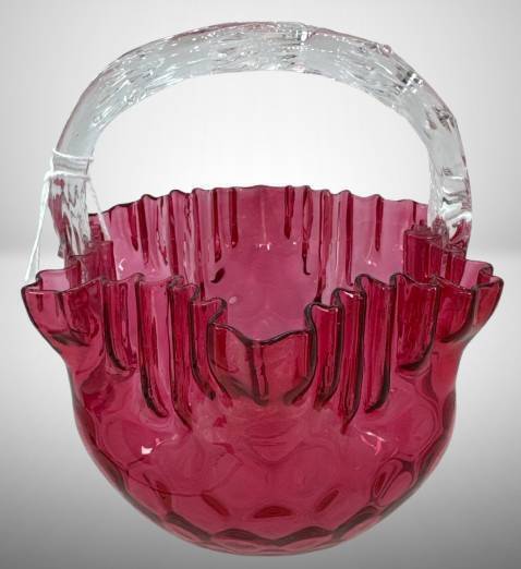 Cranberry Glass Basket With Clear Handle