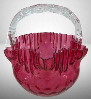 Cranberry Glass Basket With Clear Handle
