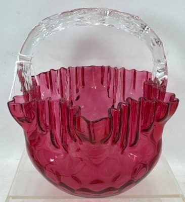 Cranberry Glass Basket With Clear Handle - 2