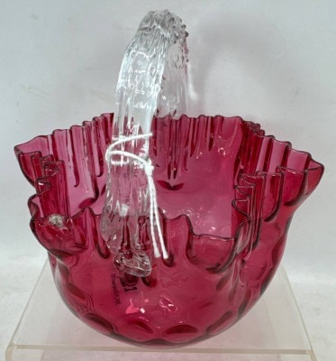 Cranberry Glass Basket With Clear Handle - 3