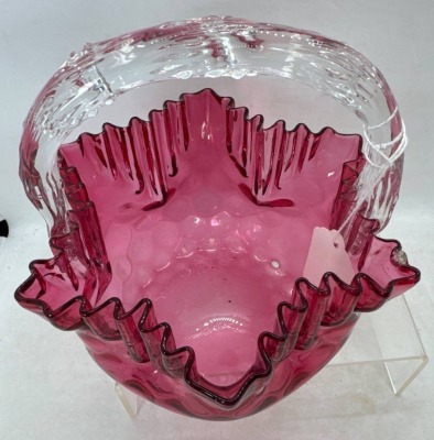 Cranberry Glass Basket With Clear Handle - 5