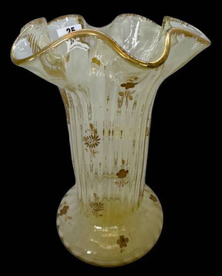 Vintage Pale Yellow Vase With Gold Enamel Floral Detailing