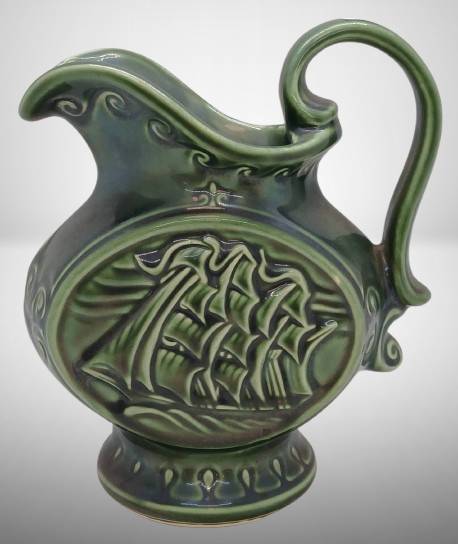 McCoy Green Ceramic Pitcher with Ship Motif