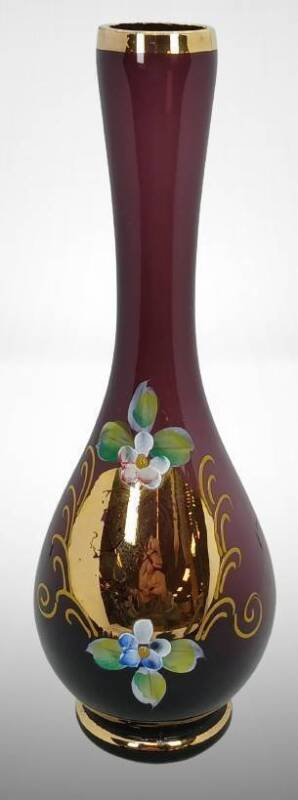 Vintage Amethyst Glass Bud Vase with Floral Design