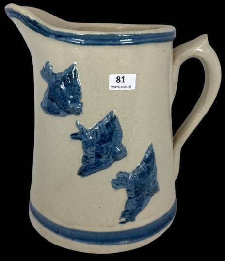White Hall Pottery Salt Glaze Blue Birds Pitcher