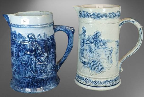 (2) Blue and Gray Stoneware Pitchers