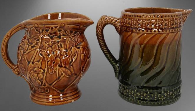 (2) Brown Glazed Stoneware Pitchers