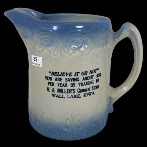 Blue and White Stoneware Wall Lake, IA Advertising Pitcher