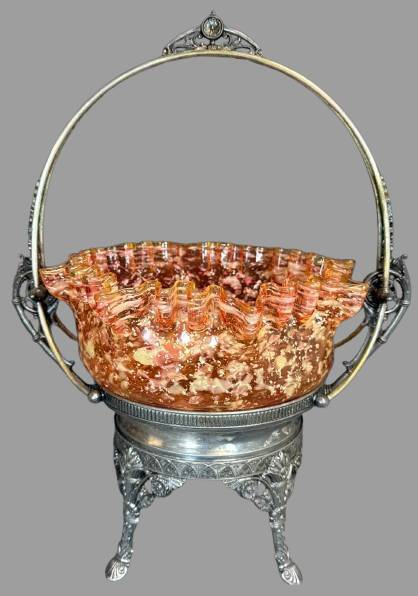 Victorian Brides Basket with Glass Bowl and Metal Stand