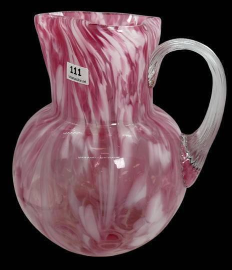 Art Glass Pink Swirled Pitcher with Clear Handle