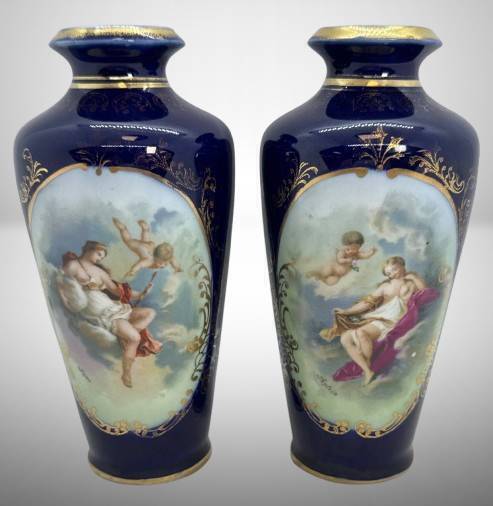 Pair of Scenic Porcelain Vases, Portrait Medallions