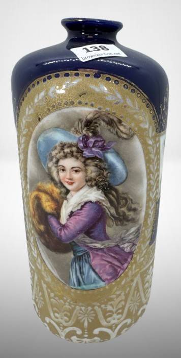 Royal Bayreuth Cobalt Vase With Portrait and Floral Design