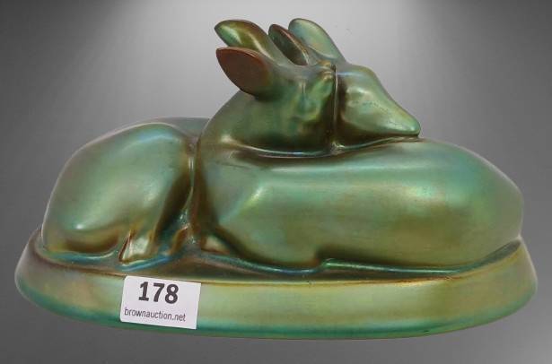 Hungarian Zsolnay Eosin Resting Deer Figurine