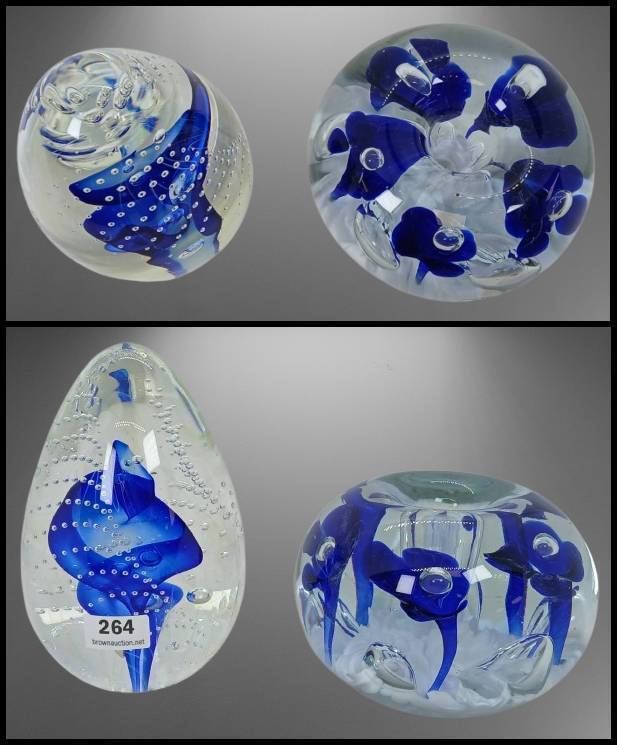 (2) Art Glass Paperweights with Cobalt Blue Designs