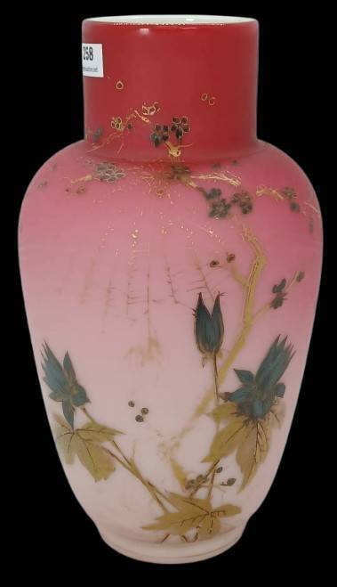 Peach Blow Satin Glass Floral Decorated Vase